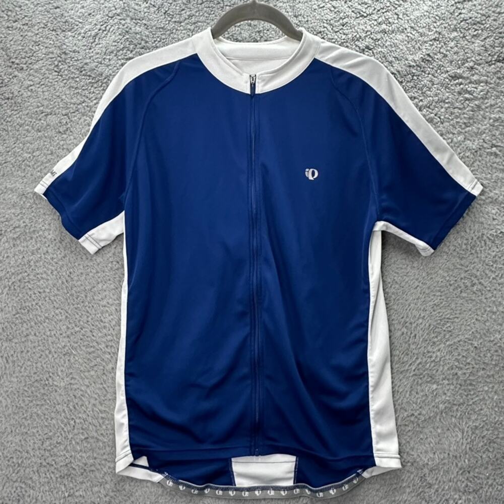 Pearl iZUMi Women's Large Blue White Cycling Jersey Short Sleeves Back Pockets‎